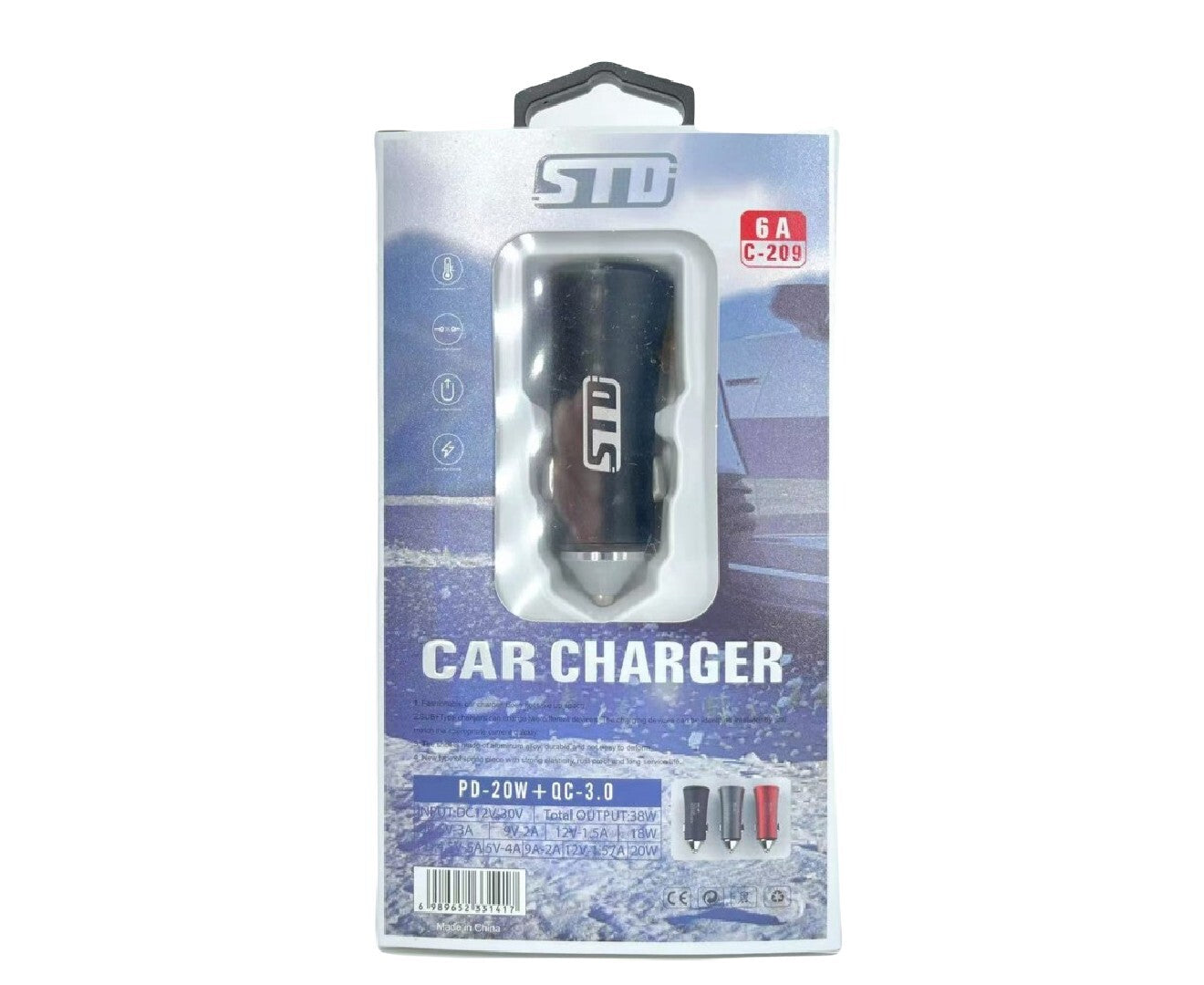 STD 6A/38W Quick Charge QC3.0 USB + PD Car Charger, Red/Black/Grey