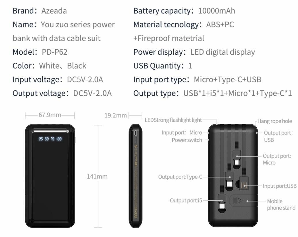 Azeada 10000mAh Power Bank With 4 Data Cables Suit BRAND NEW