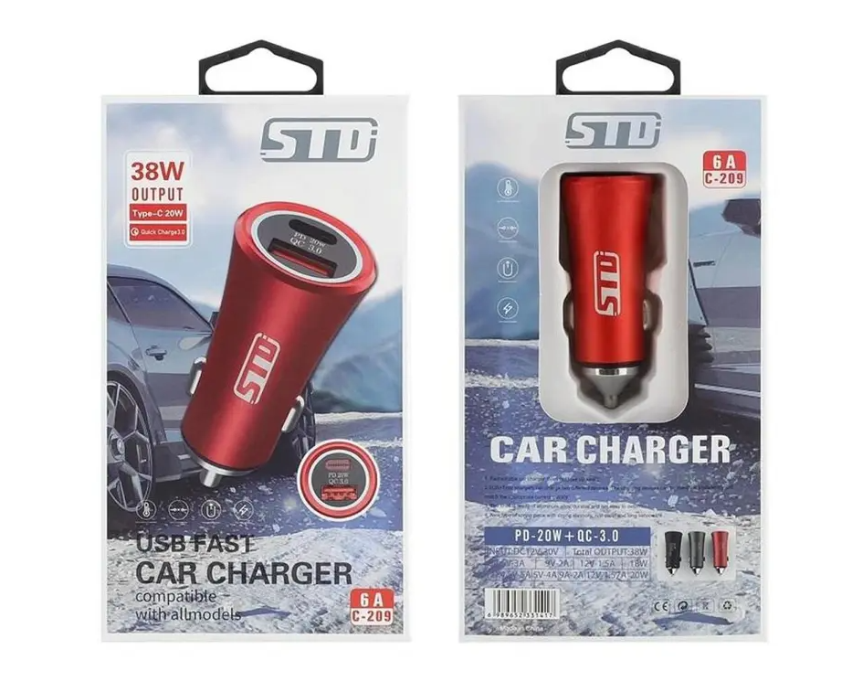 STD 6A/38W Quick Charge QC3.0 USB + PD Car Charger, Red/Black/Grey