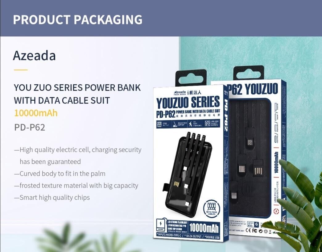Azeada 10000mAh Power Bank With 4 Data Cables Suit BRAND NEW