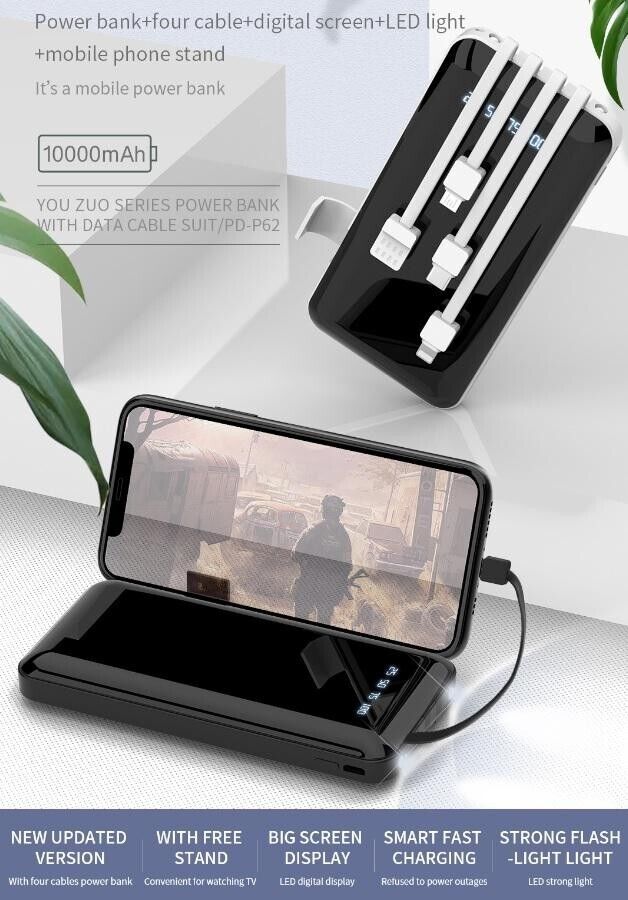 Azeada 10000mAh Power Bank With 4 Data Cables Suit BRAND NEW